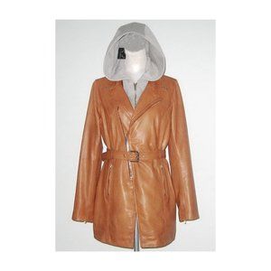 NWT Bod & Christensen MYRKA Leather TRENCH Coat With Detach HOOD L Tan MSRP $475
